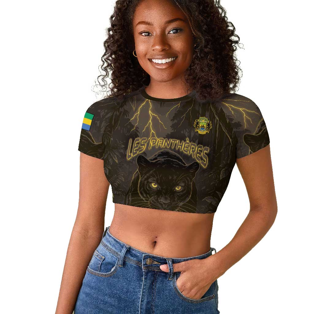 Custom Gabon Football Raglan Cropped T shirt Black Panther Thunder - Wonder Print Shop