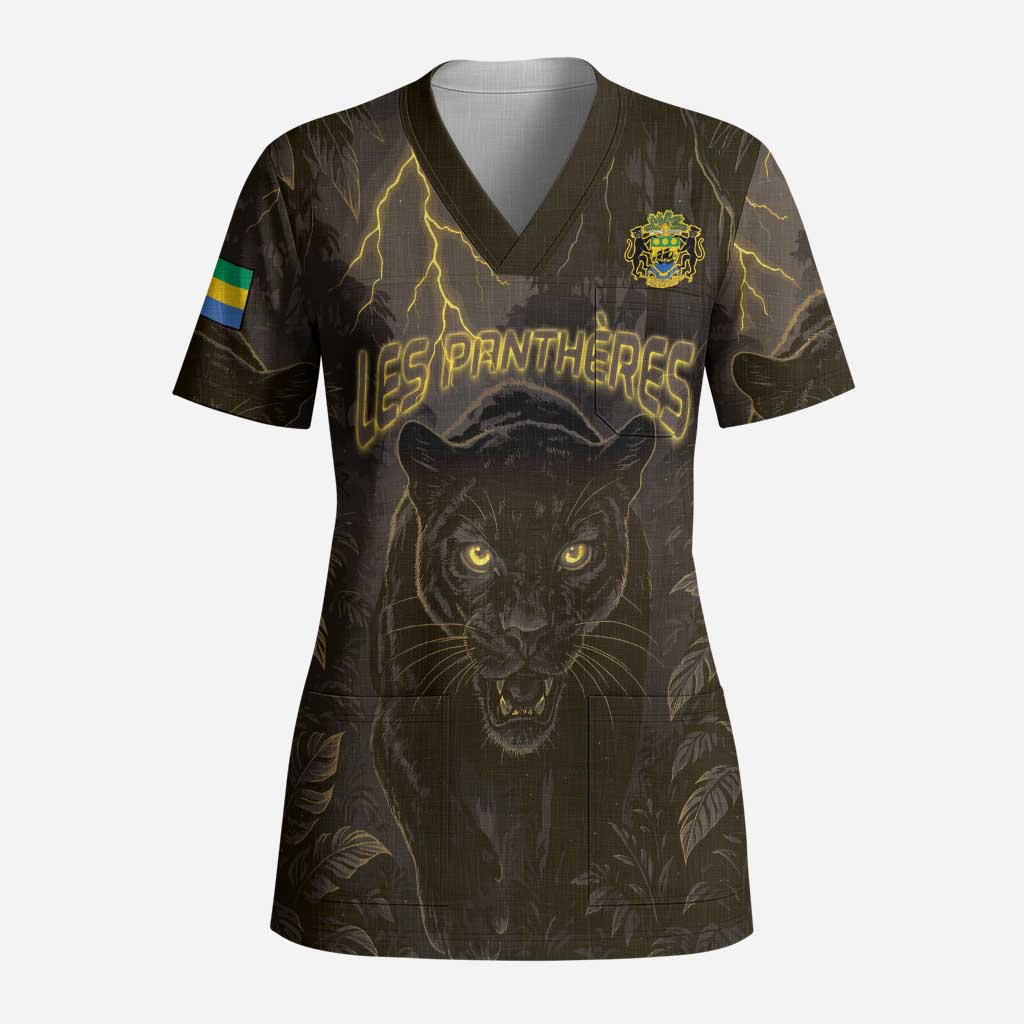 Custom Gabon Football Scrub Top Black Panther Thunder - Wonder Print Shop