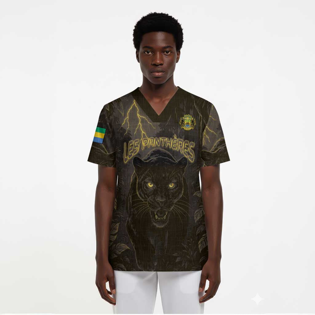 Custom Gabon Football Scrub Top Black Panther Thunder - Wonder Print Shop
