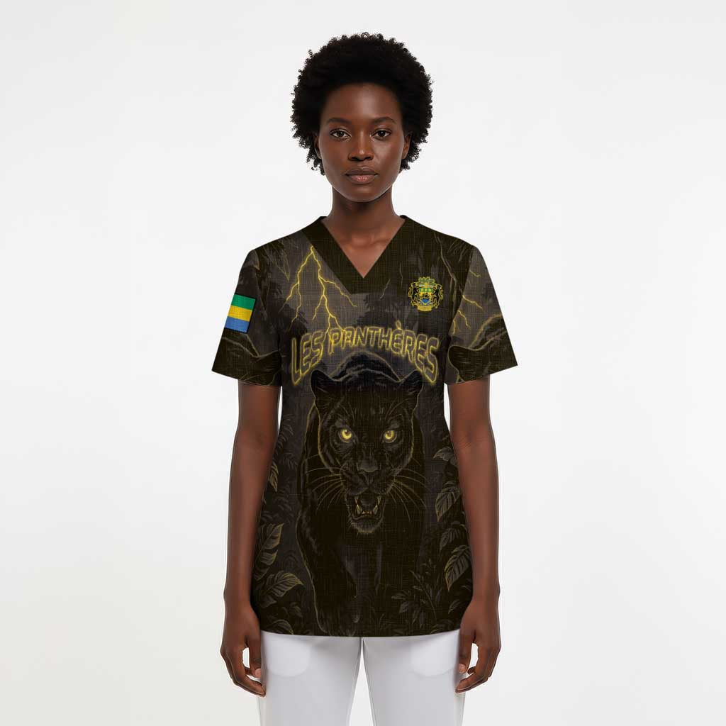 Custom Gabon Football Scrub Top Black Panther Thunder - Wonder Print Shop