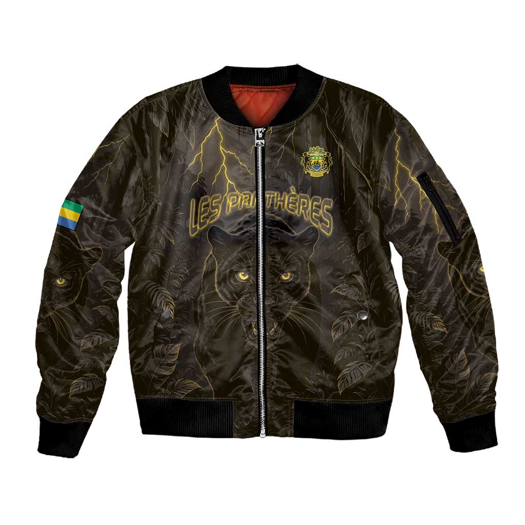 Custom Gabon Football Sleeve Zip Bomber Jacket Black Panther Thunder - Wonder Print Shop