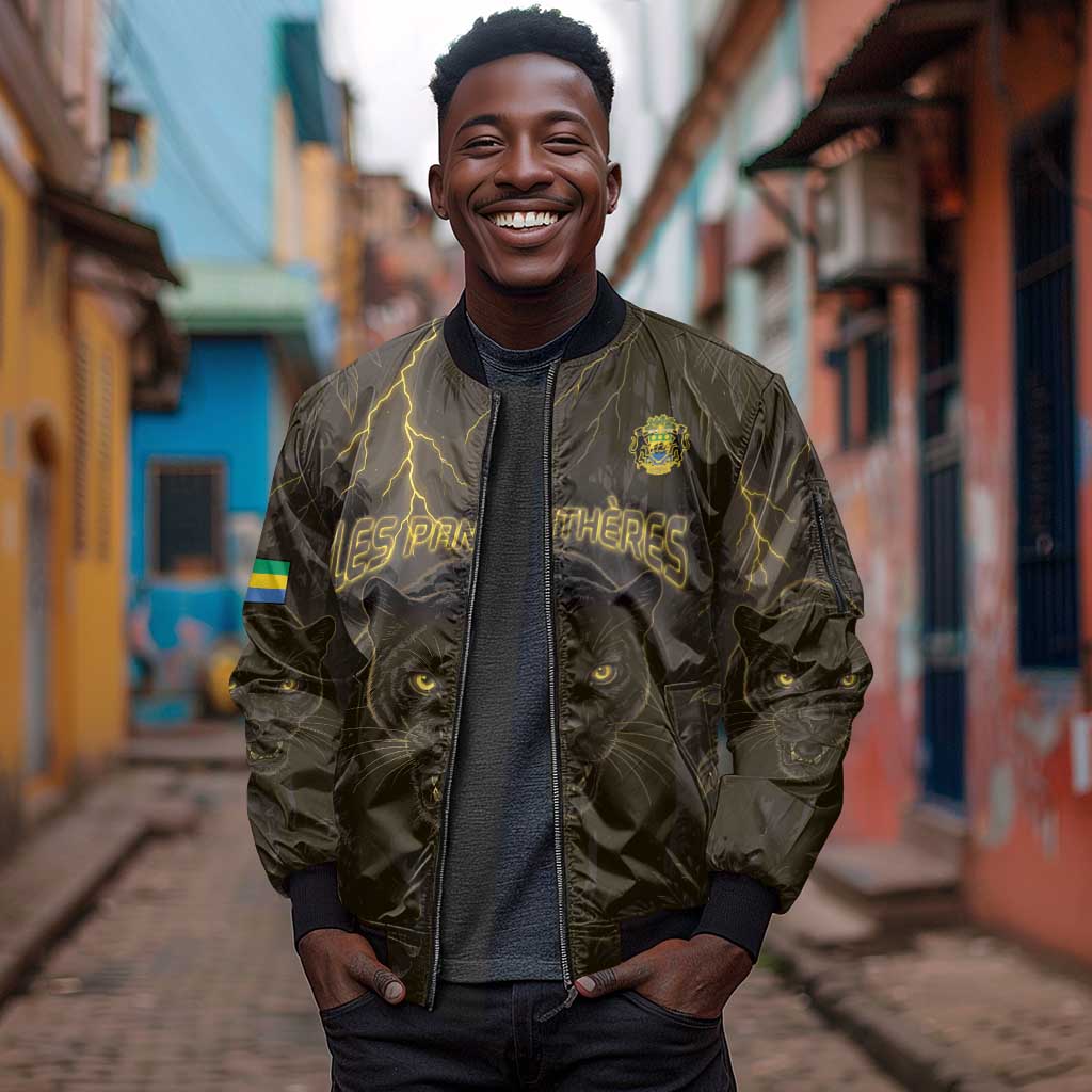 Custom Gabon Football Sleeve Zip Bomber Jacket Black Panther Thunder - Wonder Print Shop