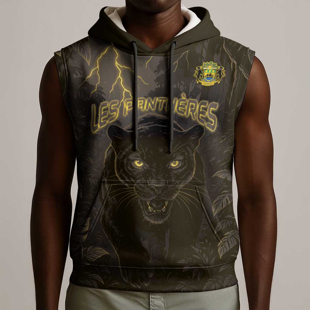 Custom Gabon Football Sleeveless Hoodie Black Panther Thunder - Wonder Print Shop