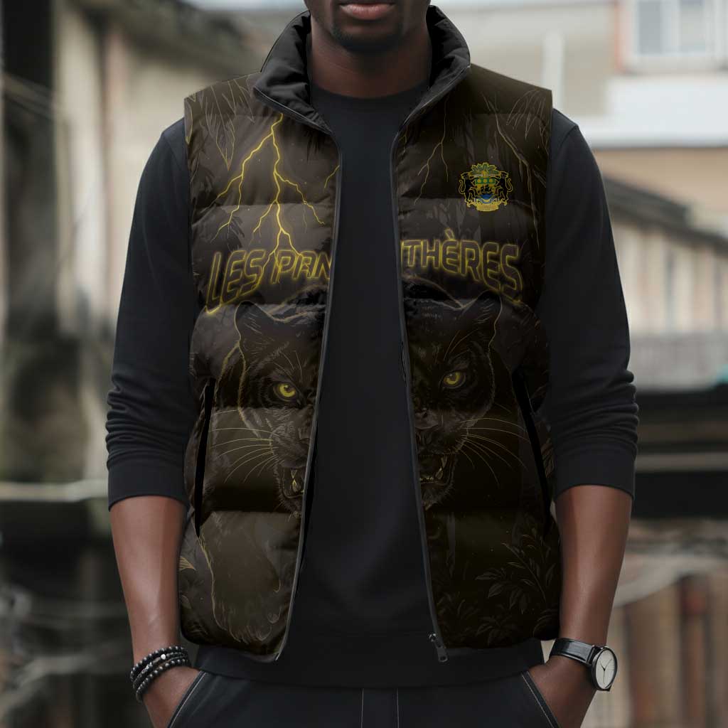 Custom Gabon Football Sleeveless Puffer Jacket Black Panther Thunder - Wonder Print Shop
