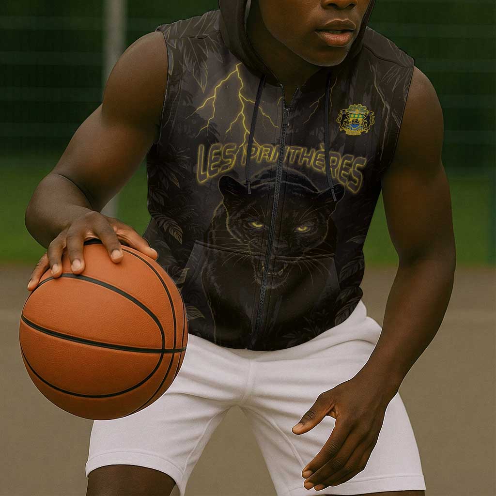 Custom Gabon Football Sleeveless Zip Hoodie Black Panther Thunder - Wonder Print Shop