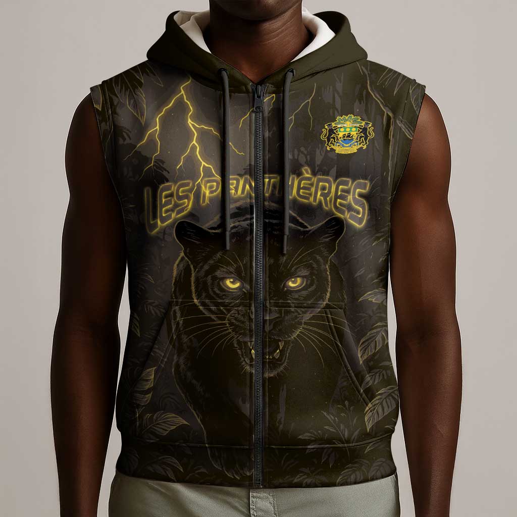 Custom Gabon Football Sleeveless Zip Hoodie Black Panther Thunder - Wonder Print Shop