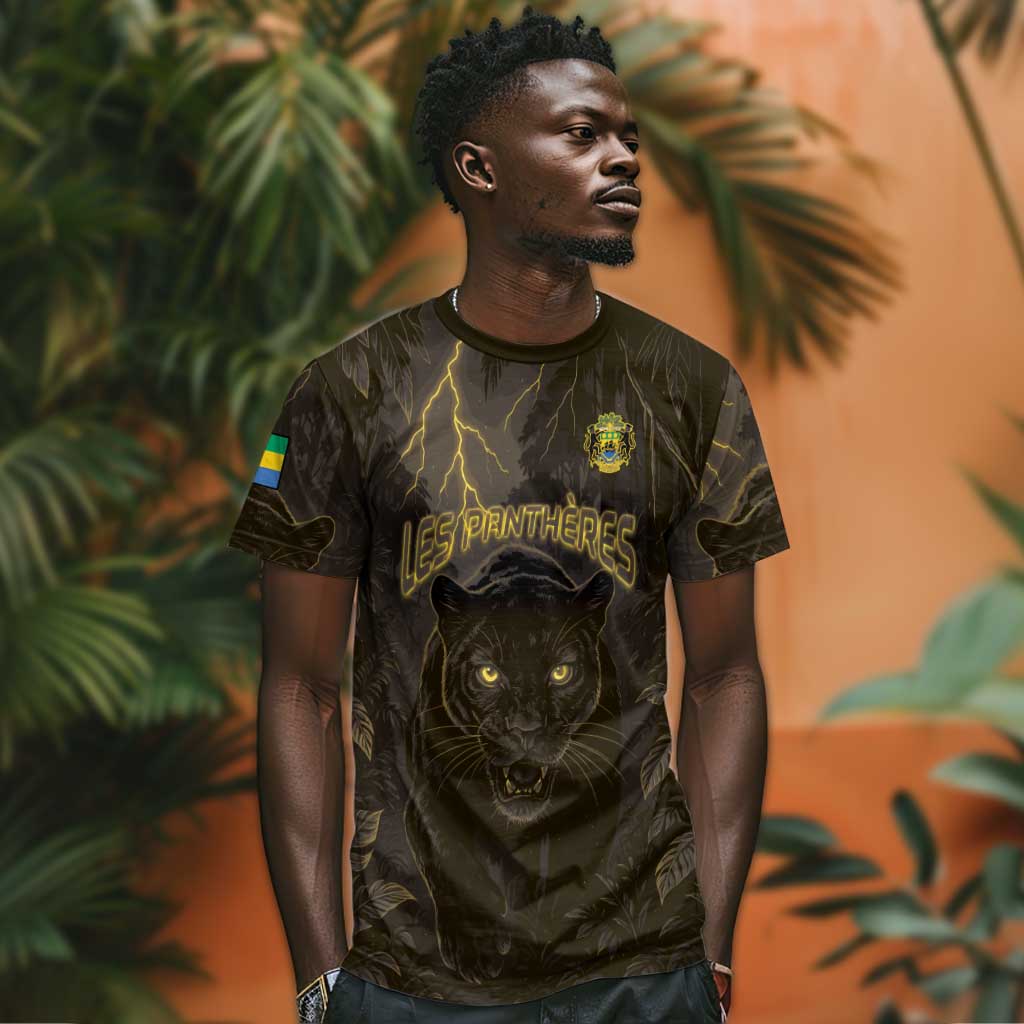 Custom Gabon Football T shirt Black Panther Thunder - Wonder Print Shop