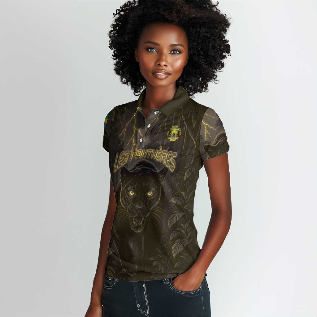 Custom Gabon Football Women Polo Shirt Black Panther Thunder - Wonder Print Shop