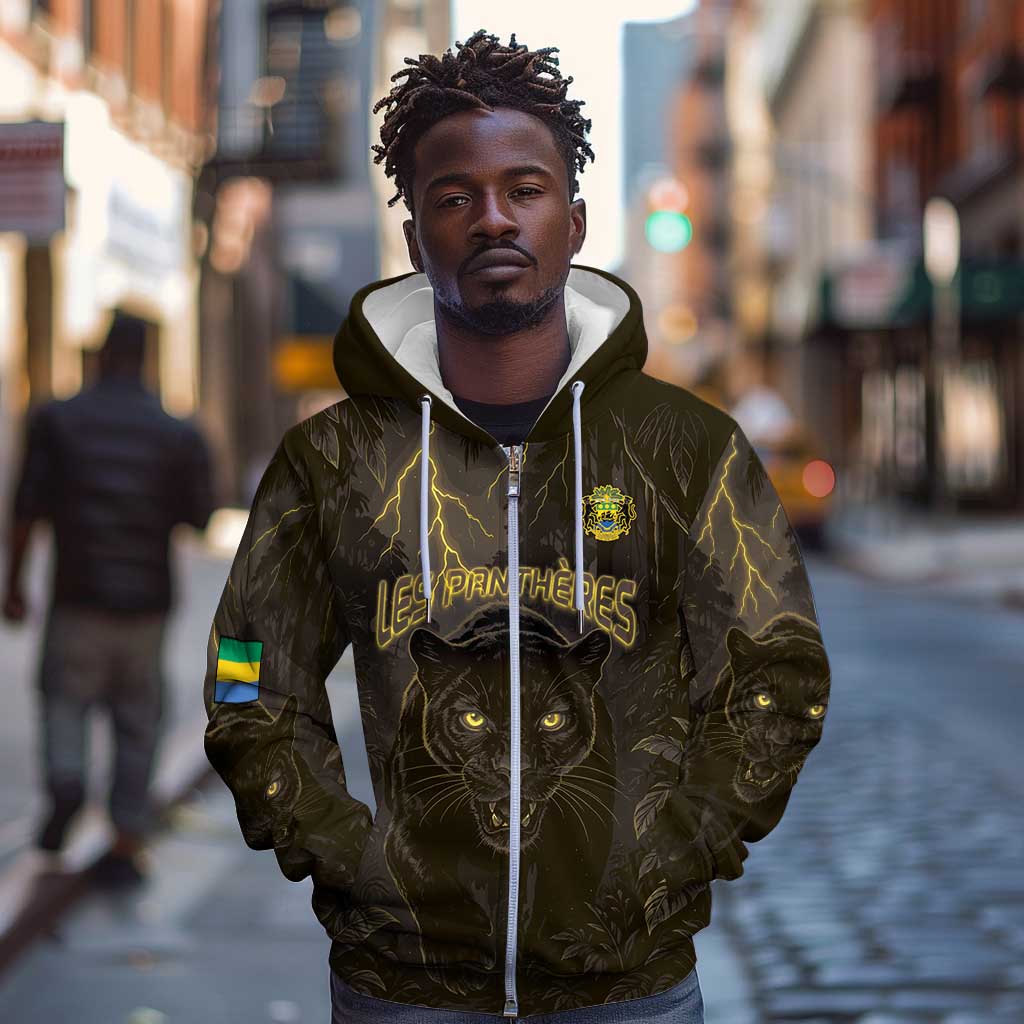 Custom Gabon Football Zip Hoodie Black Panther Thunder - Wonder Print Shop
