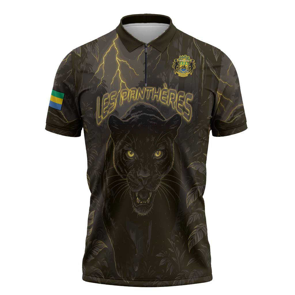 Custom Gabon Football Zipper Polo Shirt Black Panther Thunder - Wonder Print Shop