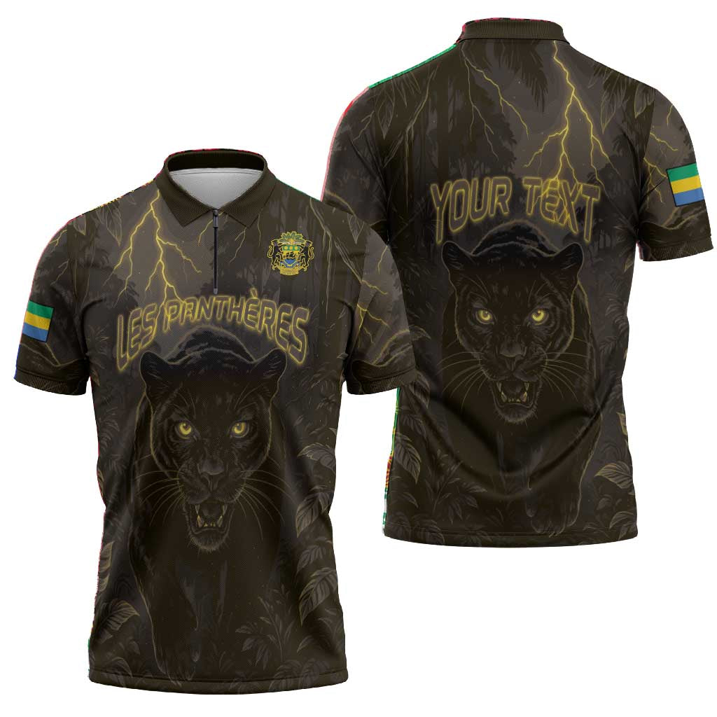 Custom Gabon Football Zipper Polo Shirt Black Panther Thunder - Wonder Print Shop
