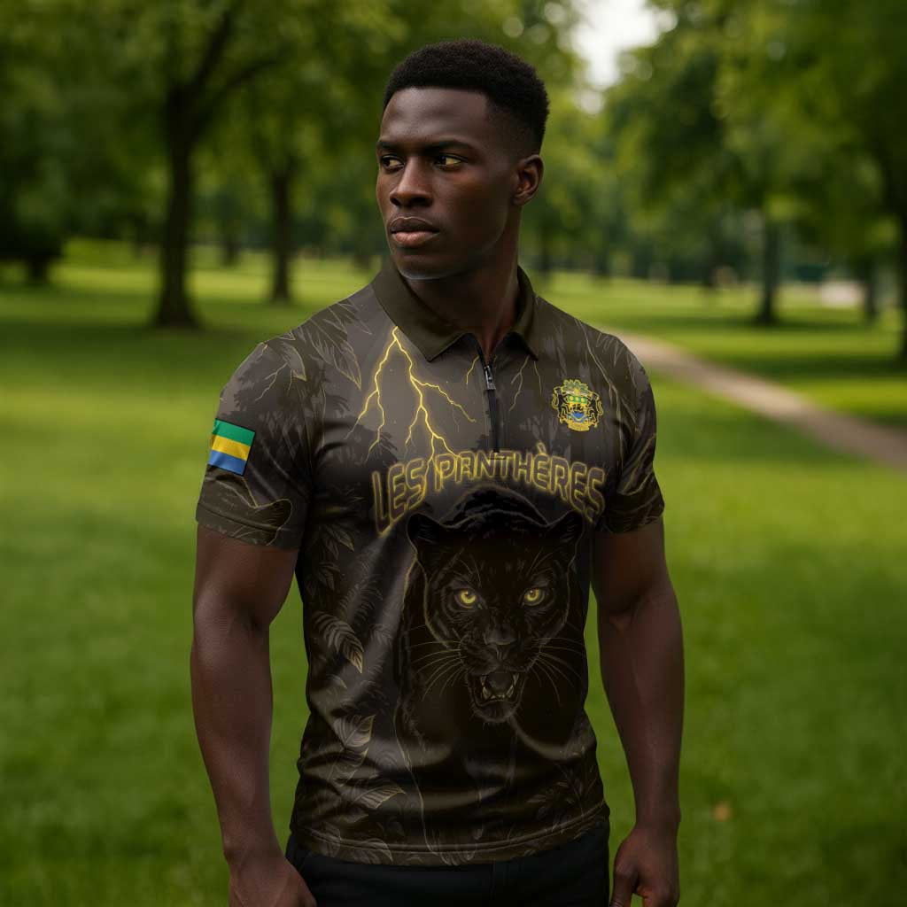 Custom Gabon Football Zipper Polo Shirt Black Panther Thunder - Wonder Print Shop