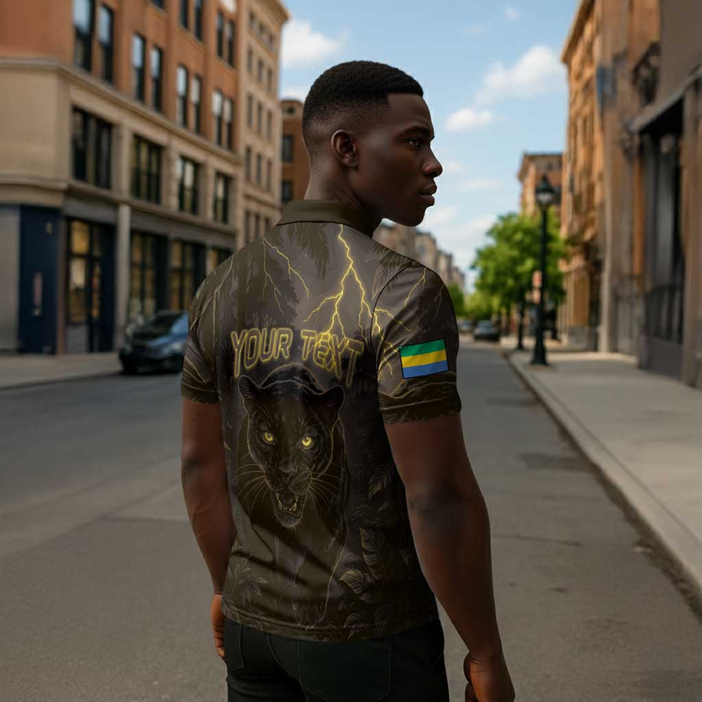 Custom Gabon Football Zipper Polo Shirt Black Panther Thunder - Wonder Print Shop