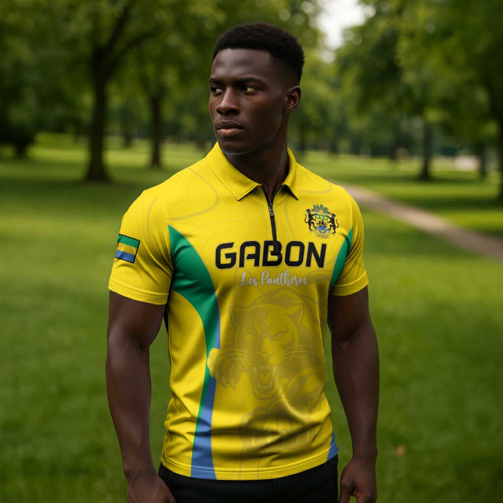 Custom Gabon Football Zipper Polo Shirt Go Champions Les Pantheres - Wonder Print Shop