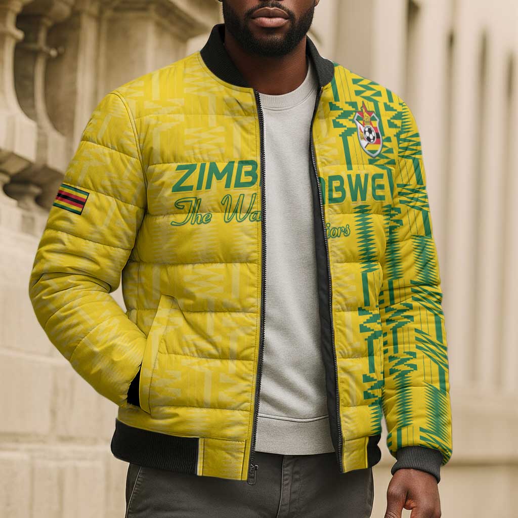 Custom Zimbabwe Football Bomber Puffer Jacket Come On Warriors - Kente Pattern - Wonder Print Shop