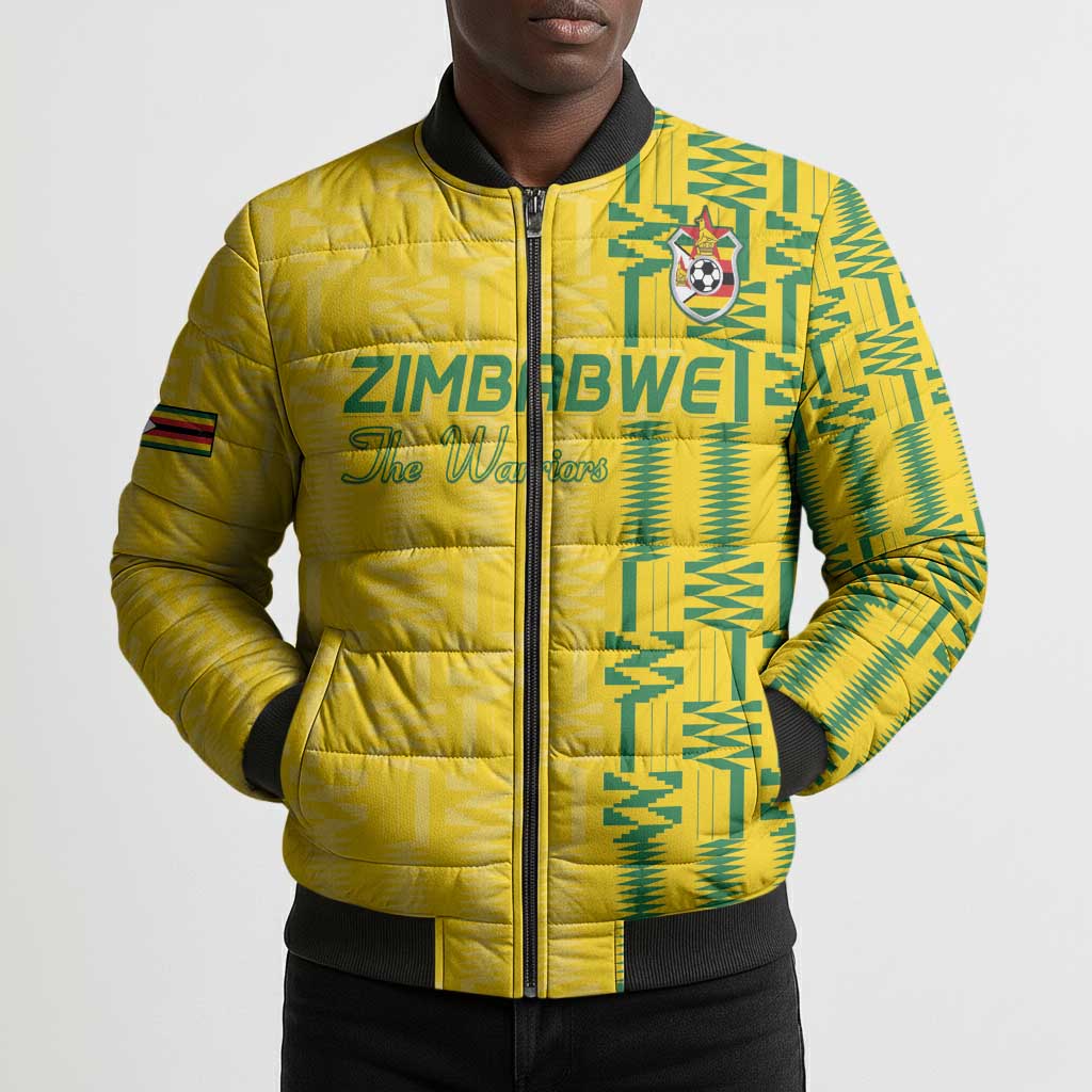 Custom Zimbabwe Football Bomber Puffer Jacket Come On Warriors - Kente Pattern - Wonder Print Shop