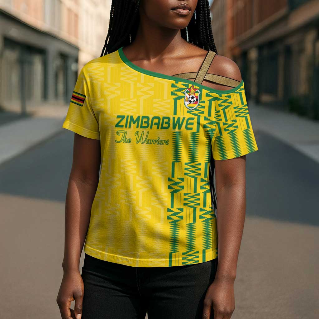 Custom Zimbabwe Football Cross Shoulder Shirt Come On Warriors - Kente Pattern - Wonder Print Shop