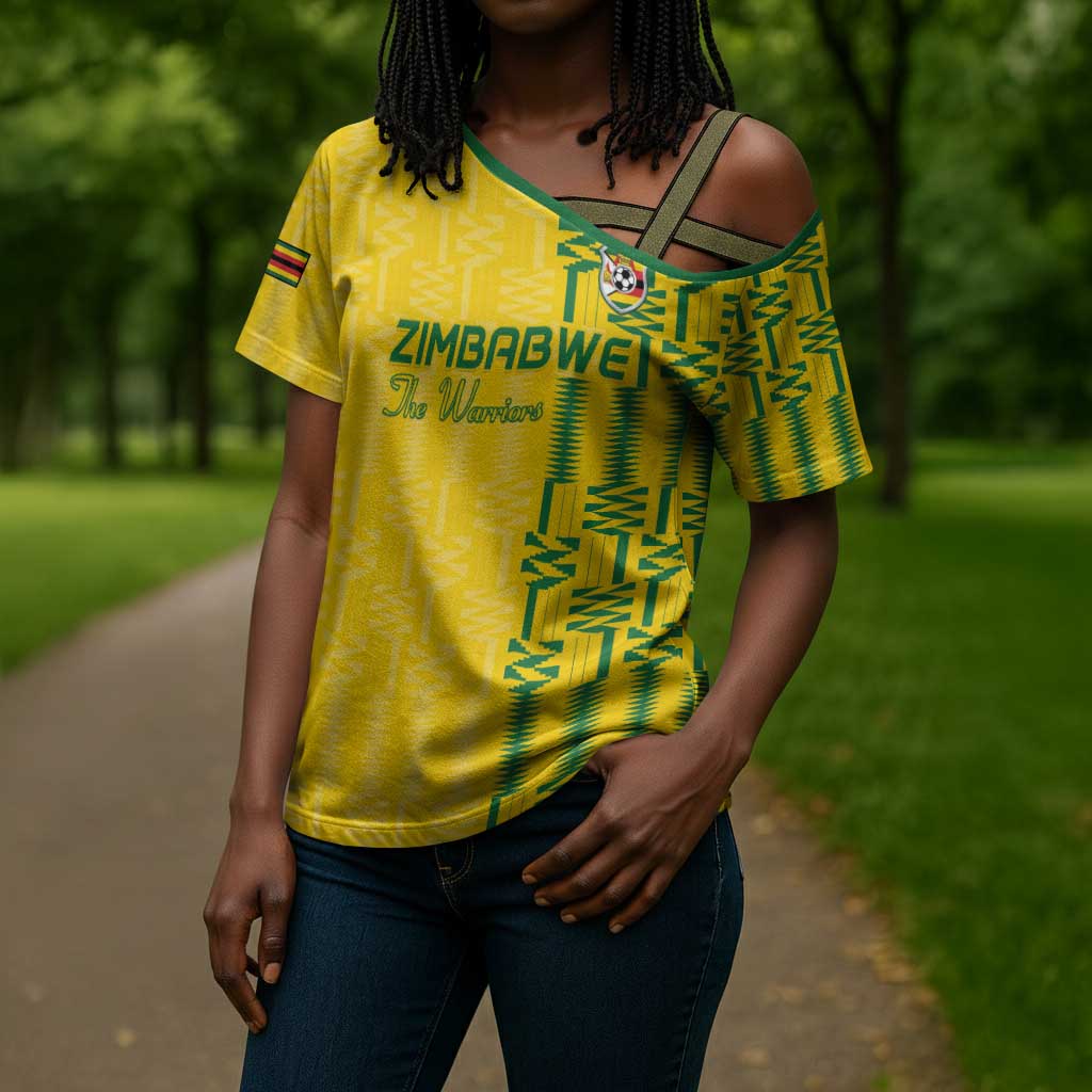 Custom Zimbabwe Football Cross Shoulder Shirt Come On Warriors - Kente Pattern - Wonder Print Shop