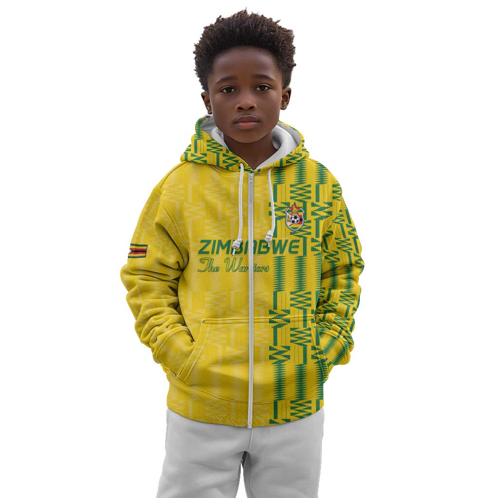 Custom Zimbabwe Football Kid Hoodie Come On Warriors - Kente Pattern - Wonder Print Shop