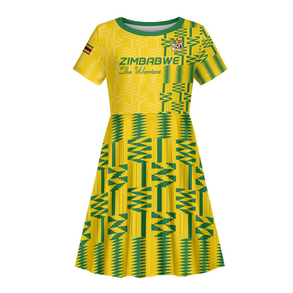 Custom Zimbabwe Football Kid Short Sleeve Dress Come On Warriors - Kente Pattern - Wonder Print Shop
