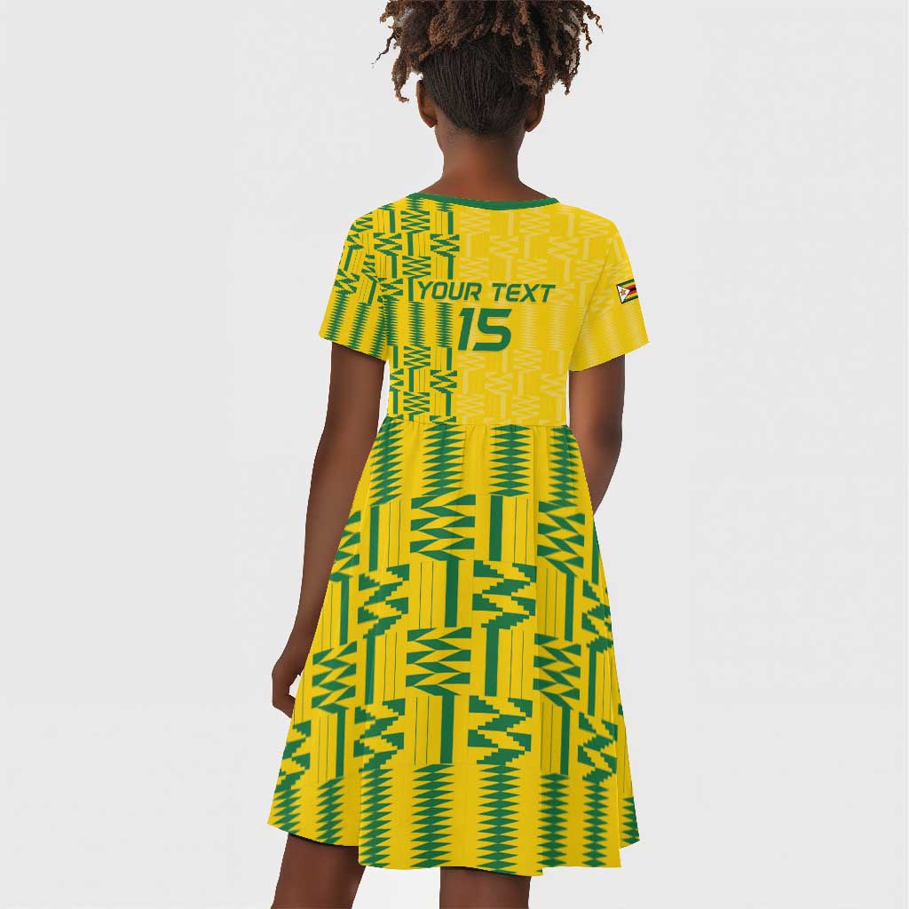 Custom Zimbabwe Football Kid Short Sleeve Dress Come On Warriors - Kente Pattern - Wonder Print Shop