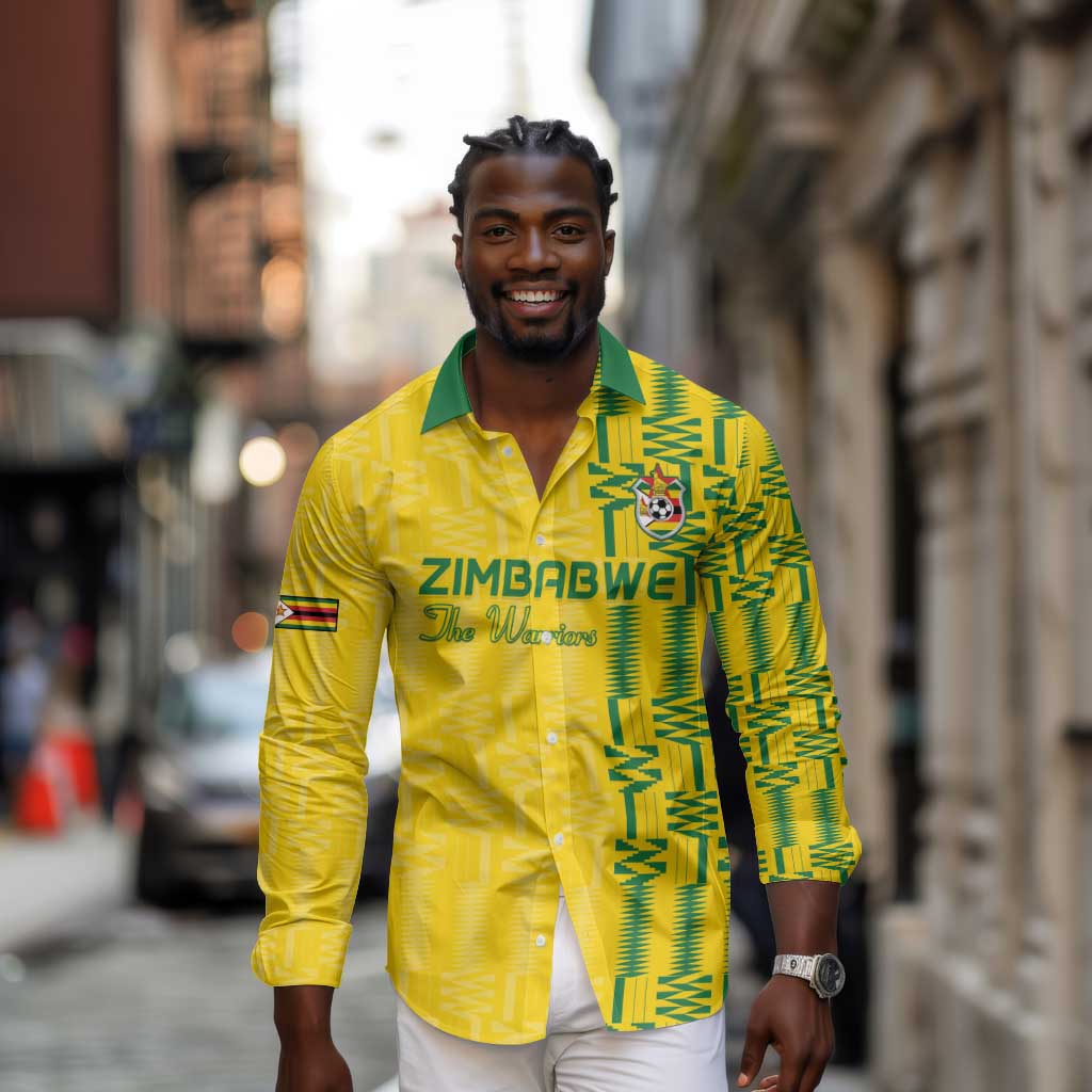 Custom Zimbabwe Football Long Sleeve Button Shirt Come On Warriors - Kente Pattern - Wonder Print Shop