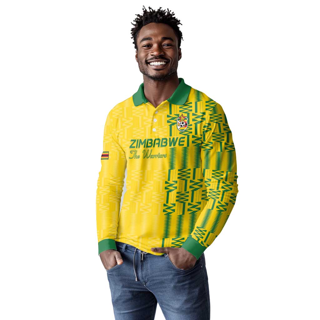 Custom Zimbabwe Football Long Sleeve Polo Shirt Come On Warriors - Kente Pattern - Wonder Print Shop