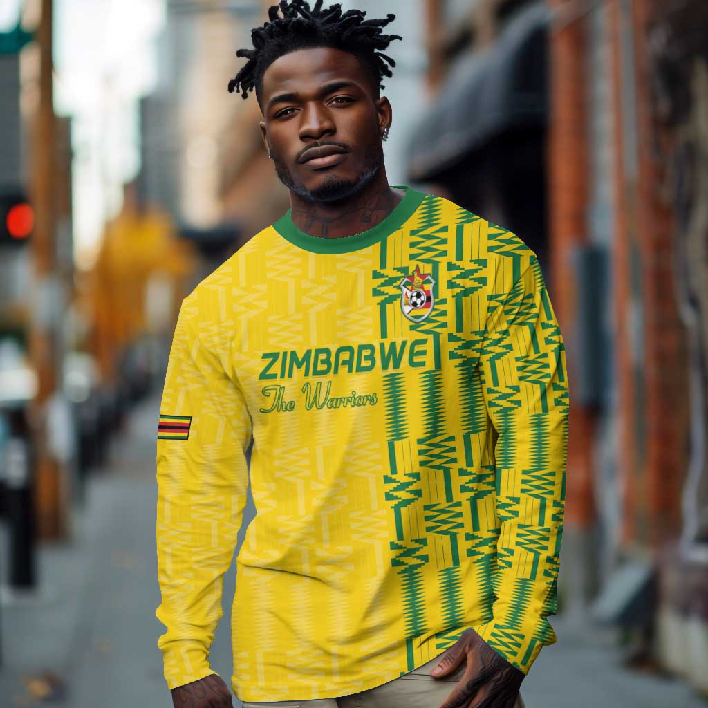Custom Zimbabwe Football Long Sleeve Shirt Come On Warriors - Kente Pattern - Wonder Print Shop