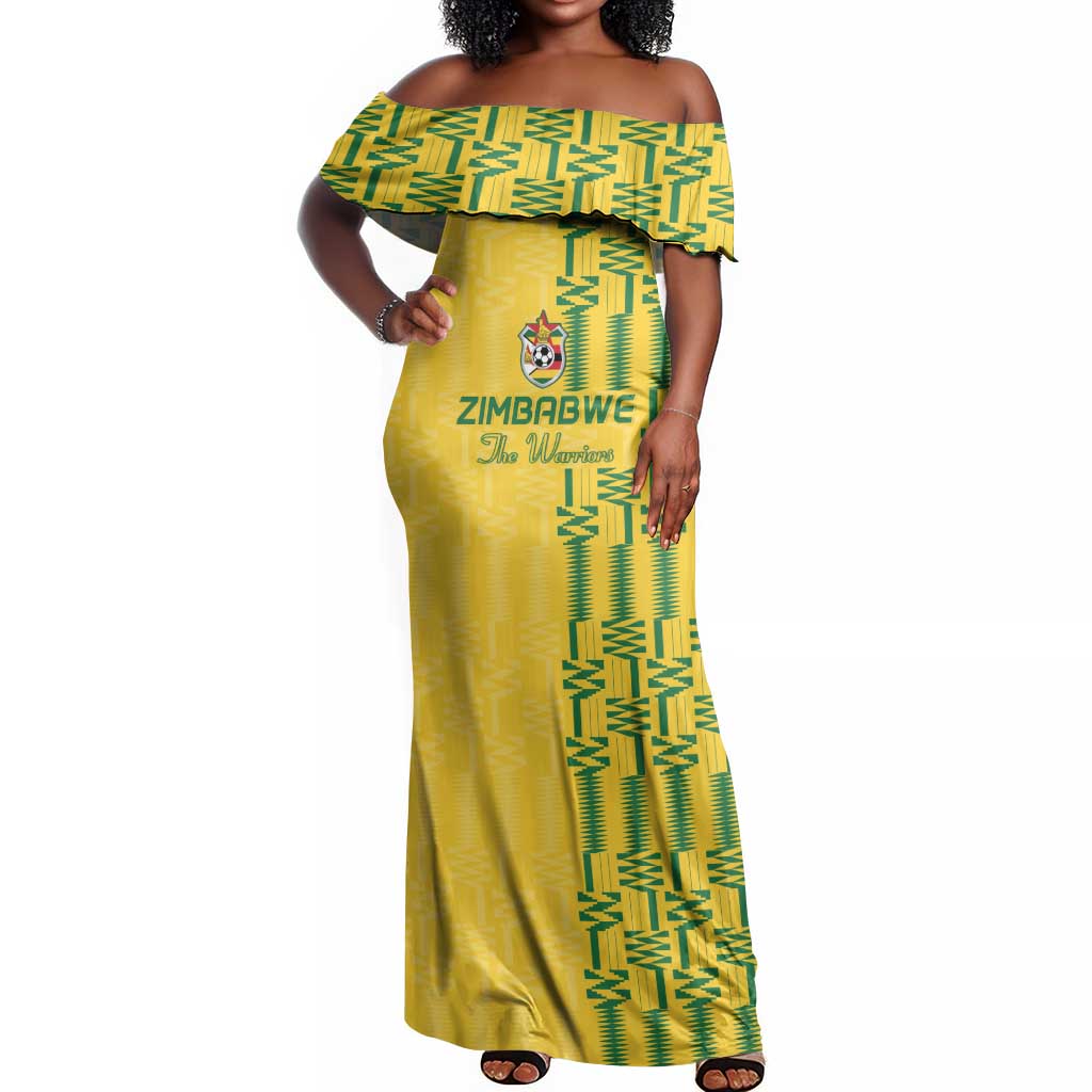 Custom Zimbabwe Football Off Shoulder Maxi Dress Come On Warriors - Kente Pattern - Wonder Print Shop