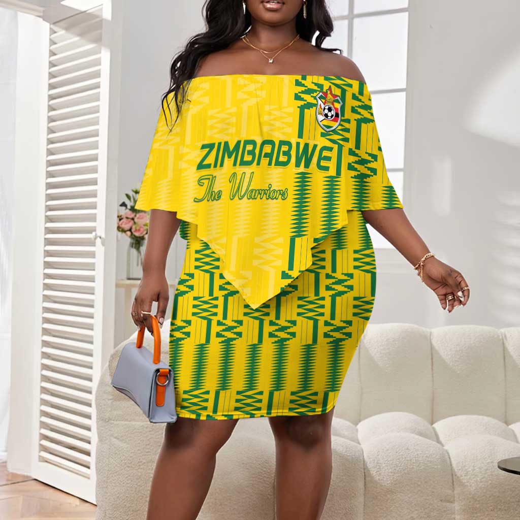 Custom Zimbabwe Football Off Shoulder Short Dress Come On Warriors - Kente Pattern - Wonder Print Shop