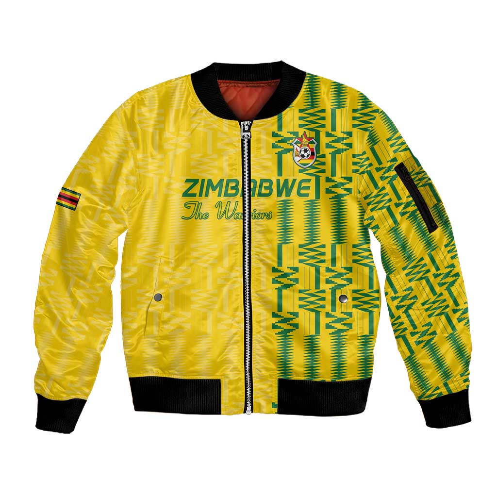Custom Zimbabwe Football Sleeve Zip Bomber Jacket Come On Warriors - Kente Pattern - Wonder Print Shop