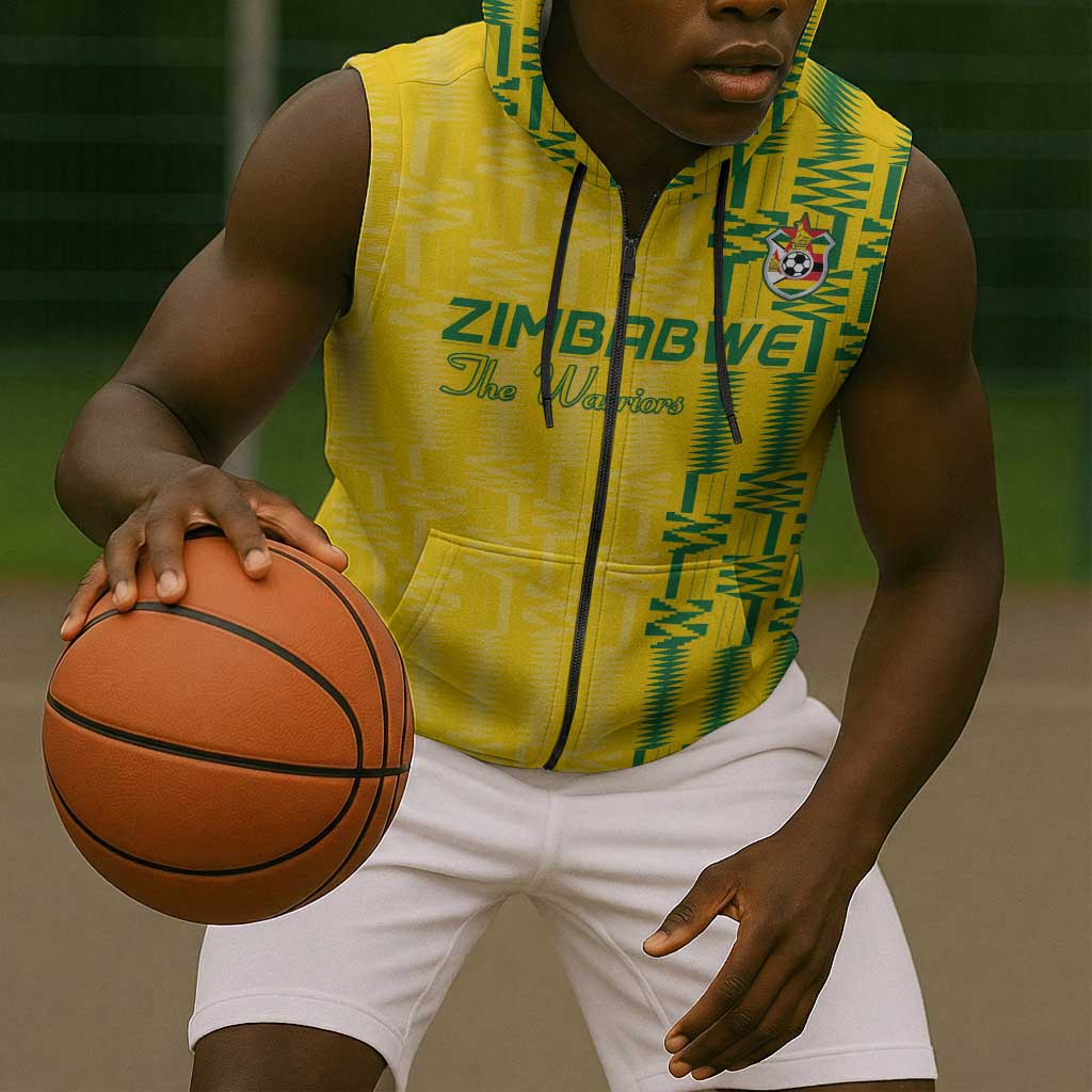 Custom Zimbabwe Football Sleeveless Zip Hoodie Come On Warriors - Kente Pattern - Wonder Print Shop
