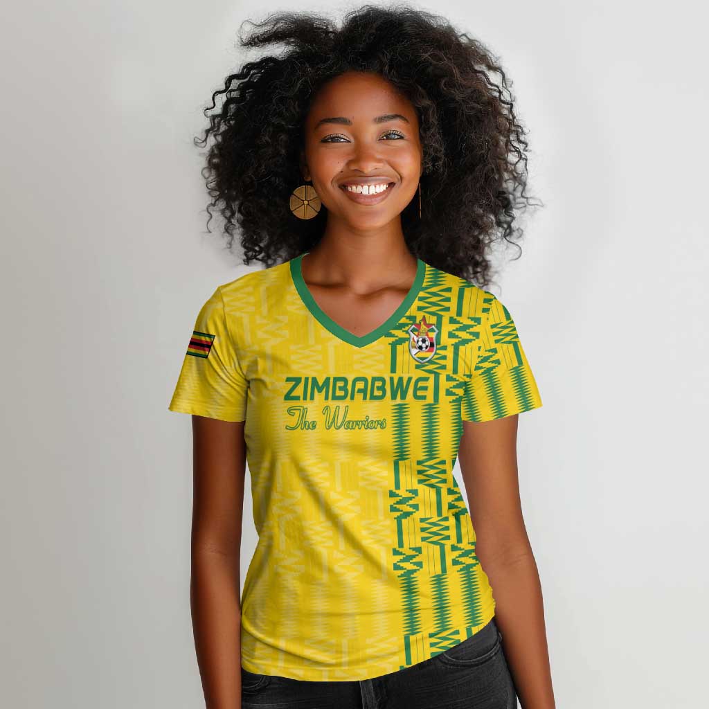 Custom Zimbabwe Football Women V-Neck T-Shirt Come On Warriors - Kente Pattern - Wonder Print Shop