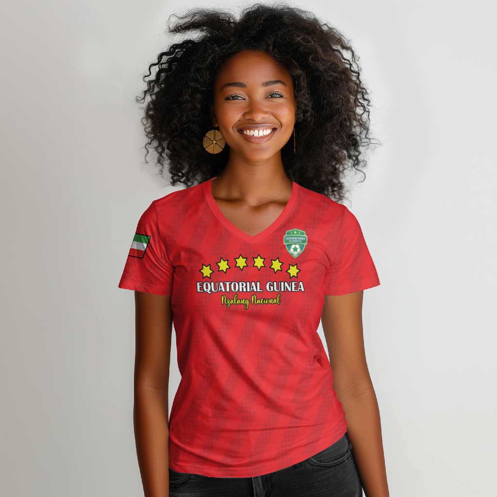 Custom Equatorial Guinea Football Women V-Neck T-Shirt Go Nzalang Nacional Go - Wonder Print Shop