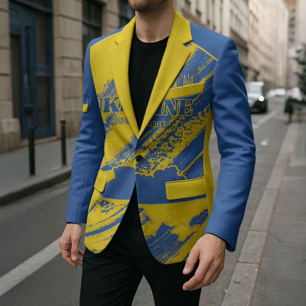 Custom Ukraine Football Blazer Blue And Yellow Grunge Style - Wonder Print Shop