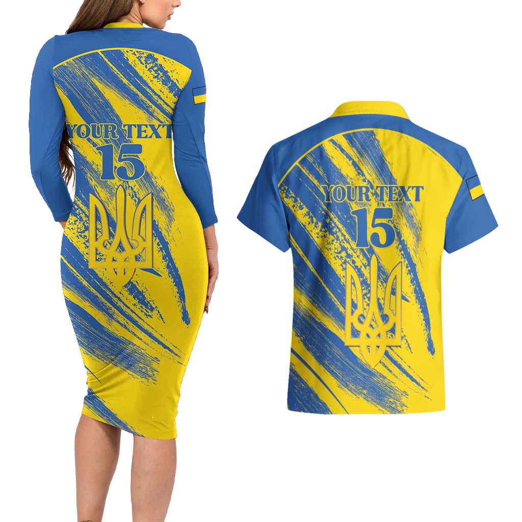 Custom Ukraine Football Couples Matching Long Sleeve Bodycon Dress and Hawaiian Shirt Blue And Yellow Grunge Style - Wonder Print Shop