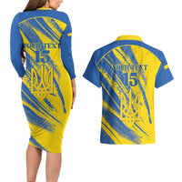 Custom Ukraine Football Couples Matching Long Sleeve Bodycon Dress and Hawaiian Shirt Blue And Yellow Grunge Style - Wonder Print Shop