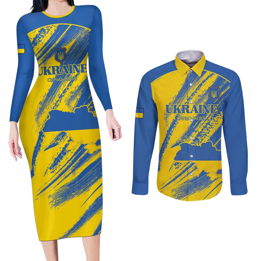 Custom Ukraine Football Couples Matching Long Sleeve Bodycon Dress and Long Sleeve Button Shirt Blue And Yellow Grunge Style - Wonder Print Shop
