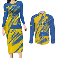 Custom Ukraine Football Couples Matching Long Sleeve Bodycon Dress and Long Sleeve Button Shirt Blue And Yellow Grunge Style - Wonder Print Shop