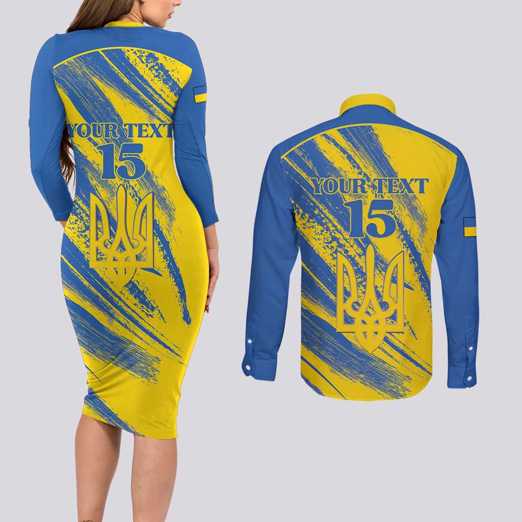 Custom Ukraine Football Couples Matching Long Sleeve Bodycon Dress and Long Sleeve Button Shirt Blue And Yellow Grunge Style - Wonder Print Shop