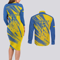 Custom Ukraine Football Couples Matching Long Sleeve Bodycon Dress and Long Sleeve Button Shirt Blue And Yellow Grunge Style - Wonder Print Shop