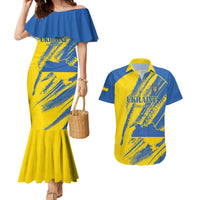 Custom Ukraine Football Couples Matching Mermaid Dress and Hawaiian Shirt Blue And Yellow Grunge Style - Wonder Print Shop