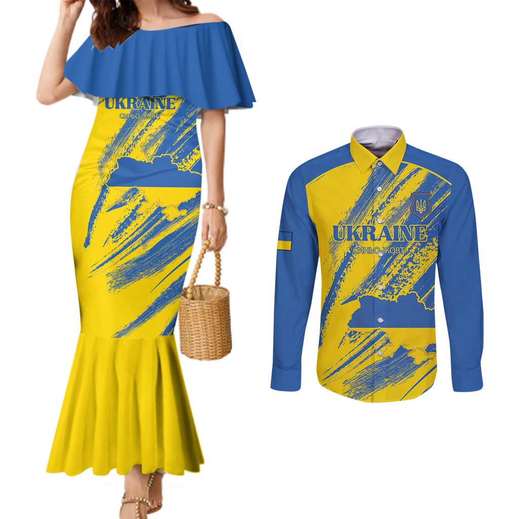 Custom Ukraine Football Couples Matching Mermaid Dress and Long Sleeve Button Shirt Blue And Yellow Grunge Style - Wonder Print Shop