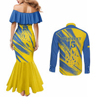Custom Ukraine Football Couples Matching Mermaid Dress and Long Sleeve Button Shirt Blue And Yellow Grunge Style - Wonder Print Shop