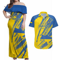 Custom Ukraine Football Couples Matching Off Shoulder Maxi Dress and Hawaiian Shirt Blue And Yellow Grunge Style - Wonder Print Shop