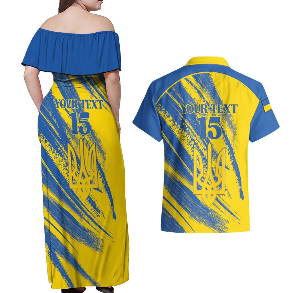 Custom Ukraine Football Couples Matching Off Shoulder Maxi Dress and Hawaiian Shirt Blue And Yellow Grunge Style - Wonder Print Shop