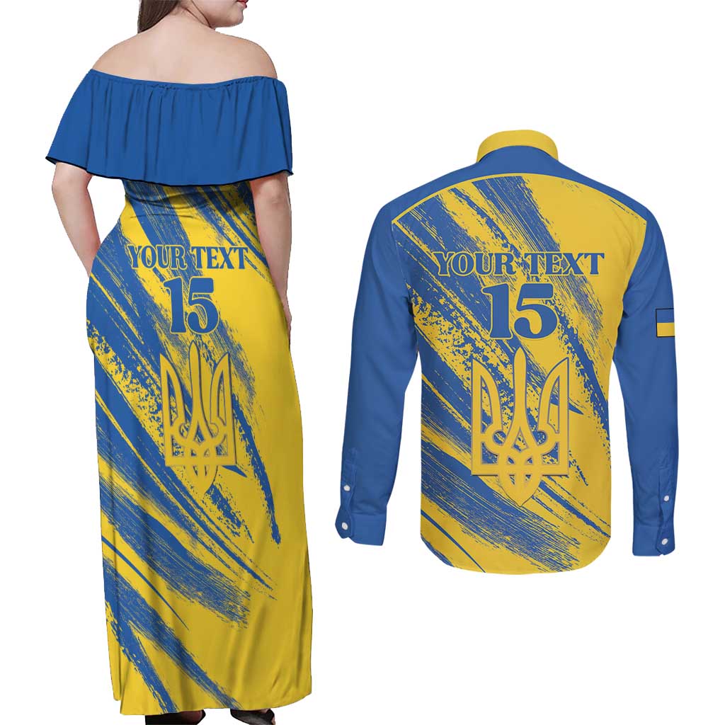 Custom Ukraine Football Couples Matching Off Shoulder Maxi Dress and Long Sleeve Button Shirt Blue And Yellow Grunge Style - Wonder Print Shop
