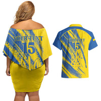 Custom Ukraine Football Couples Matching Off Shoulder Short Dress and Hawaiian Shirt Blue And Yellow Grunge Style - Wonder Print Shop
