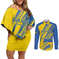 Custom Ukraine Football Couples Matching Off Shoulder Short Dress and Long Sleeve Button Shirt Blue And Yellow Grunge Style - Wonder Print Shop