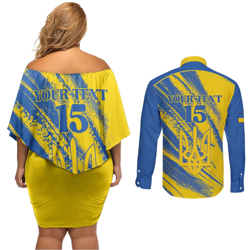 Custom Ukraine Football Couples Matching Off Shoulder Short Dress and Long Sleeve Button Shirt Blue And Yellow Grunge Style - Wonder Print Shop
